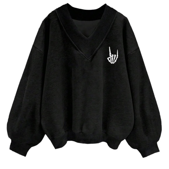 🌹🆕 Y2K Fleece Sweatshirt V-Neck Skeleton Hand Design XS - Picture 6 of 6